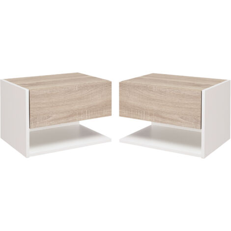 Tables de chevet suspendues Lot de 2 - Tables de Nuit murale - tiroir Coulissant - en Bois Bicolore Aspect chêne clair blanc