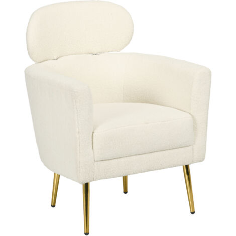 Fauteuil salon avec appuie-tête amovible, fauteuil crapaud en peluche teddy, pieds en métal, 71 x 65 x 90 cm, crème