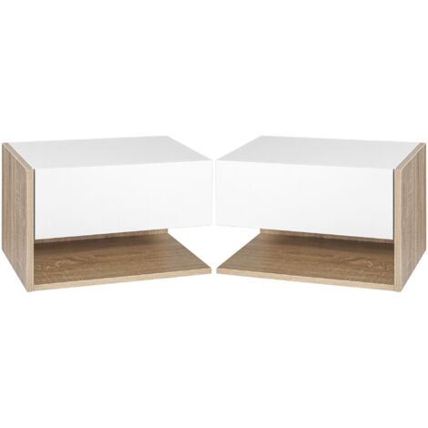 Lot de 2 Tables de Chevet murales - Lot de 2 Tables de Nuit - tiroir Coulissant, étagère, Bicolore Aspect chêne Blanc