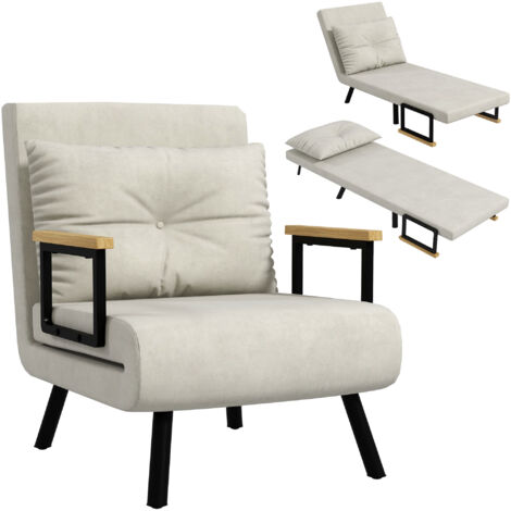Fauteuil convertible 4 en 1 lit 1 place dossier 5 positions, accoudoirs en bois et coussin, tissu effet velours, crème