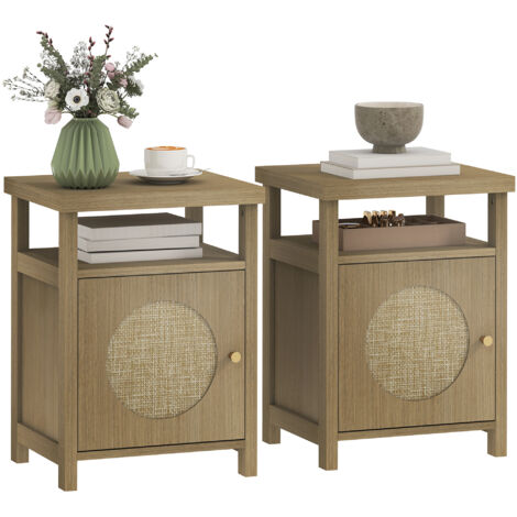 Lot de 2 tables de chevet étroite table d'appoint compartiment ouvert placard finition en rotin, 40 x 35 x 55 cm marron