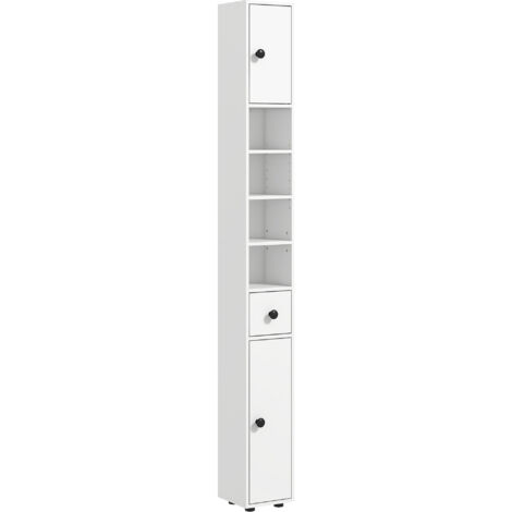 Colonne de rangement armoire haute pour salle de bain 1 tiroir 4 étagères réglables et 2 placards 20 x 20 x 180 cm blanc