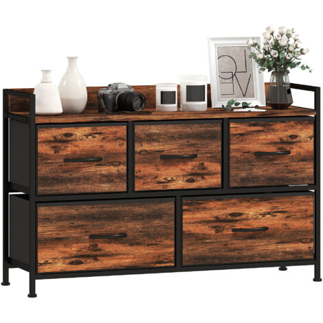 Commode, meuble de rangement avec 5 tiroirs en tissu pliables, plateau et cadre en acier, 98 x 29 x 63 cm, brun rustique