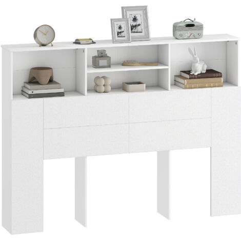 Tête de lit sur pied avec rangements, accessoire de lit 4 compartiments ouverts, 140 x 19 x 103,5 cm, blanc