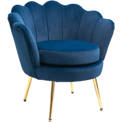 Fauteuil salon fauteuil en velours fauteuil coquillage avec pieds en métal doré pour chambre à coucher, bleu