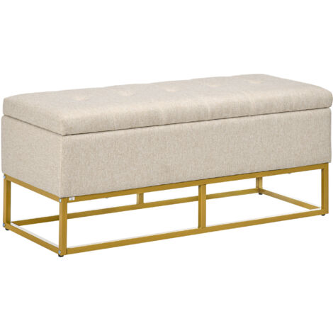 Banc banquette coffre de rangement 2 en 1 assise capitonnée et pieds acier 110 x 44 x 48 cm beige et doré
