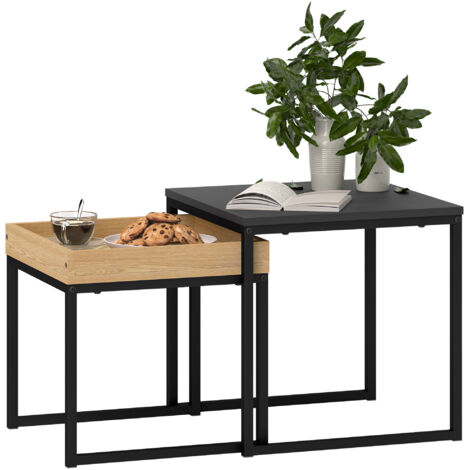 Table basse moderne, lot de 2, table d'appoint, idéale pour les petits espaces, carrée, en MDF et métal, noire. (1/5)