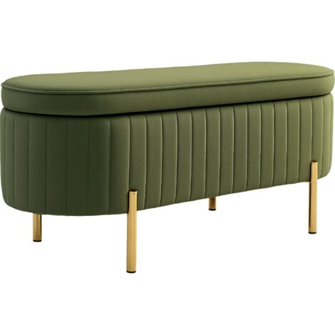 Banc avec couvercle à charnières et espace de rangement, revêtement en tissu, bois, métal, vert foncé et or (1/5)