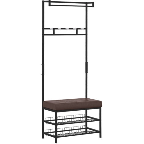 Porte-manteau, portant à vêtements avec 5 crochets et banc à chaussures à 2 niveaux, armoire métallique pour entrée ou chambre, 72,5 x 35 x 180 cm
