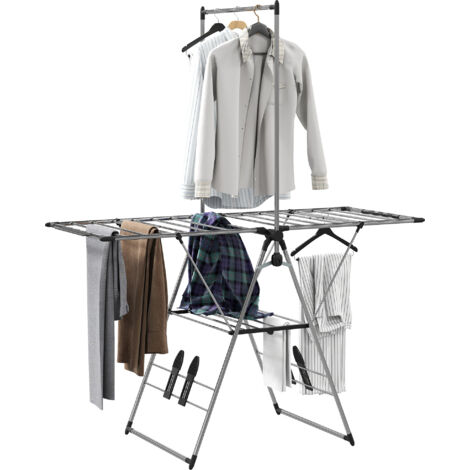 Étendoir à linge pliable avec rallonges réglables et porte-chaussures, acier inoxydable, 156,5 x 68 x 192 cm, argent