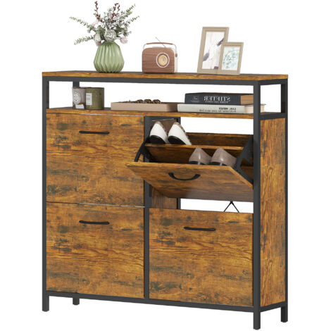 Meuble à chaussures avec 4 tiroirs rabattables, design fin, étagère ouverte, pour 12 à 20 paires de chaussures, acier, marron (1/5)