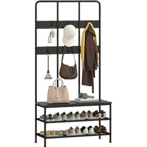 Porte-manteau 3 en 1, crochets pour vêtements, banc, étagère à chaussures, métal, panneaux de particules, noir