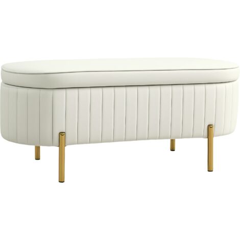 Banc avec couvercle à charnières et espace de rangement, revêtement en tissu, métal, blanc crème et or