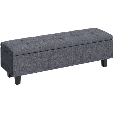 Banc de rangement aspect lin, pieds en hévéa, pour salon, chambre, entrée, gris foncé (1/5)