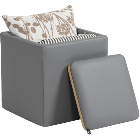 Pouf de rangement avec couvercle, repose-pieds carré, assise cube en similicuir, 40 x 40 x 40 cm, gris