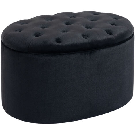 Banc de rangement, banquette rembourrée aspect velours, coffre de rangement ovale, banc coffre pour salon, chambre, entrée, 71 x 52 x 42 cm, noir