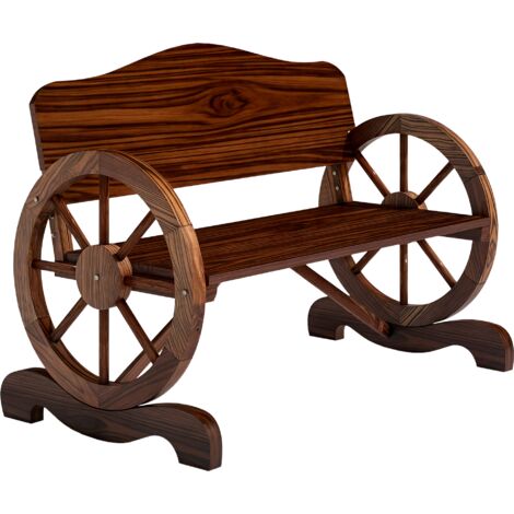 Banc de jardin 2 places avec accoudoirs à roulettes, style rustique, pour terrasse ou véranda, en épicéa marron. (1/5)