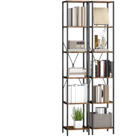 Ensemble de 2 étagères à 6 niveaux, structure en acier, pour salon, bureau, chambre, marron rustique (1/5)