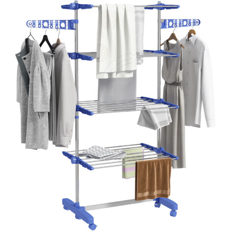 Étendoir à linge, 5 niveaux, pliable, système de pliage en un clic, 142 cm x 55 cm x 172 cm, bleu et argent