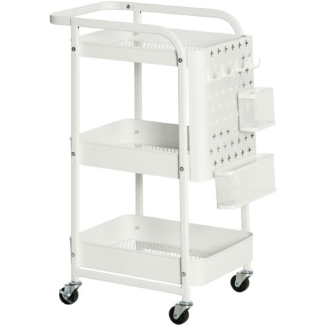 Chariot de cuisine avec panneau perforé, porte-serviettes et paniers de rangement, 51,5 cm x 32 cm x 75,6 cm, blanc