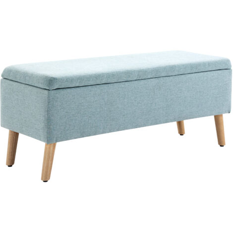 Banc de rangement, banquette capitonnée aspect lin, coffre de rangement avec pieds en bois, banc coffre pour salon, chambre, entrée, 110 x 39 x 45 cm, vert clair