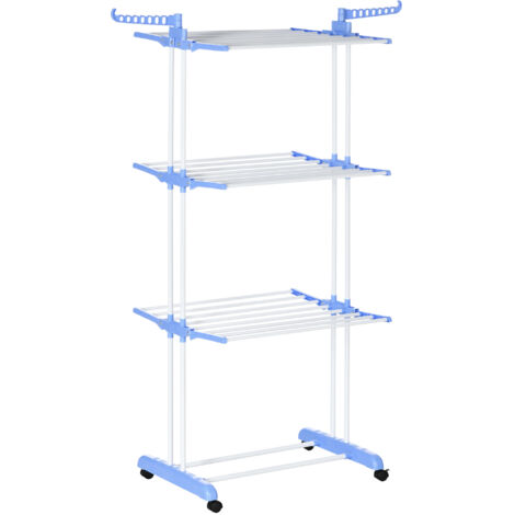 Étendoir à linge, 4 niveaux, pliable, 4 roues dont 2 avec freins, structure en métal, bleu et blanc, 73 x 64 x 177 cm