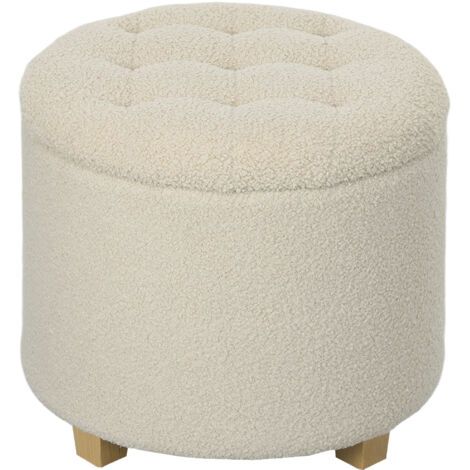 Pouf de rangement rond avec couvercle et pieds en bois, repose-pieds pour salon, entrée, chambre, blanc crème