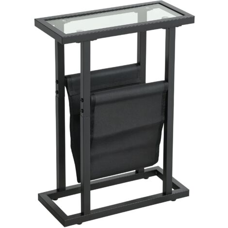 Table d'appoint en métal avec pochette en tissu et plateau en verre, table étroite pour salon ou chambre, noire