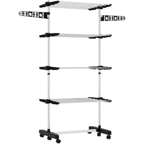Étendoir à linge, 5 niveaux, pliable, système de pliage en un clic, 142 cm x 55 cm x 172 cm, noir et argent