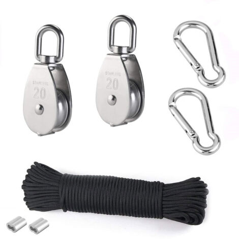 Poulie de levage, 2 poulies de 20 mm en acier inoxydable 304, 2 poulies simples M20, pour cordes et câbles, avec corde d'escalade de 8 mm et 20 m. (1/5)