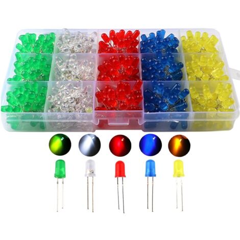 Litzee – Lot de 500 diodes électroluminescentes 5mm – 5 couleurs : rouge, vert, jaune, bleu, blanc – Intensité lumineuse 6000-10000 mcd – Boîte de rangement - 100pcs