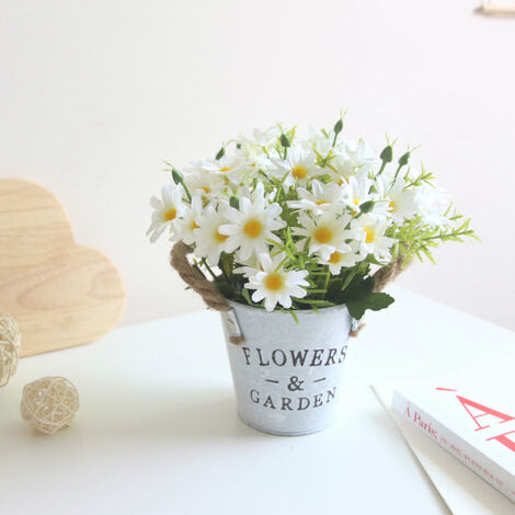 Fleurs Artificiels Interieur 1 pcs, Fleurs Artificielles avec Pot en Métal Artificielle Plante Decoration pour Mariage Extérieur Bureau Table Jardin Nouveau Cadeau de Maison, Marguerite(blanc),AAFGVC