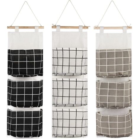 Sac de rangement suspendu 3 pièces – 3 poches en lin coton imperméable – Organisateur mural pour chambre, salle de bain, cuisine – Noir, gris, blanc – Denuotop