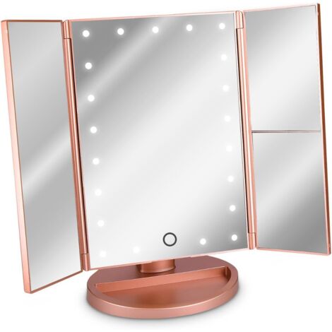Litzee – Miroir lumineux LED 3 faces à poser – Miroir maquillage pliable sur pied avec effet grossissant 2x 3x – Inclinaison réglable 180° – Rose doré