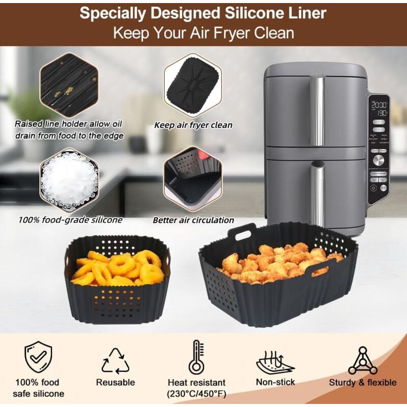 Accessoires Air Fryer, Silicone Moule Airfryer Pour Ninja Foodi AF400EU/ SL400EU/Moulinex 7,6L à 9,5L, Pliable Réutilisable Accessoire Kitchen Avec Livre Cuisine Recette Magnétique (2 Pack, Noirs