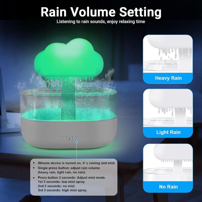 Humidificateur Diffuseur Nuages De Pluie - Forme OVNI Avec Télécommande - 7 Couleurs LED Et Bruit Blanc - Capacité 350 Ml