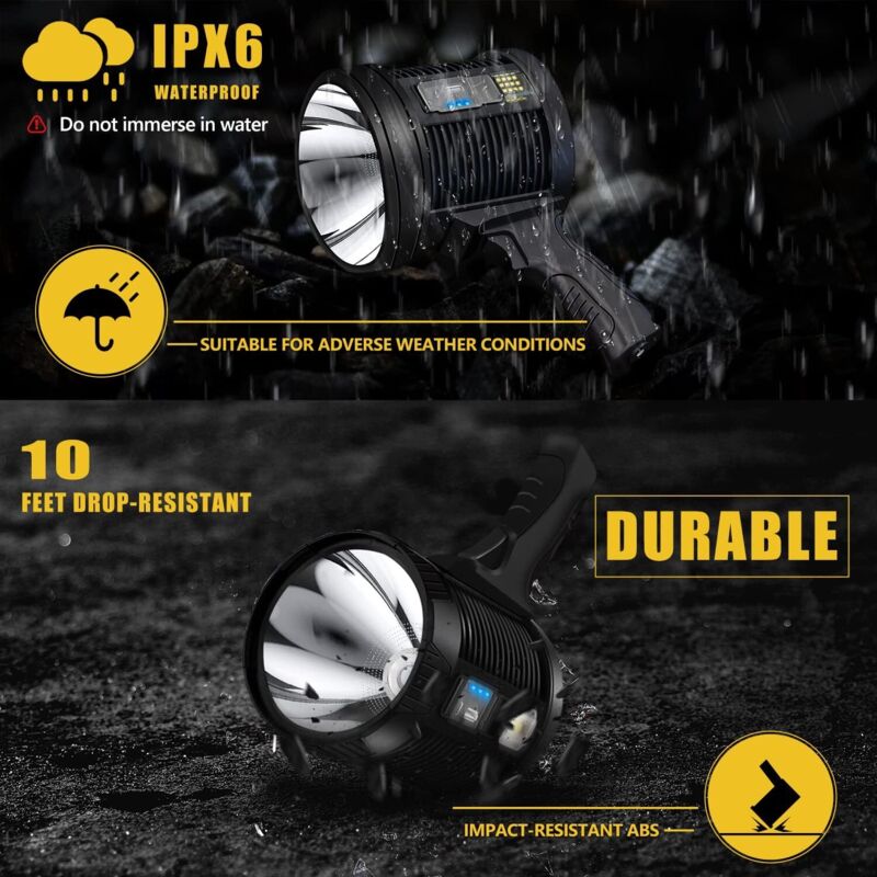 Projecteur LED 200000 Lumens, Rechargeable, étanche IP67 – Lampe Torche Puissante