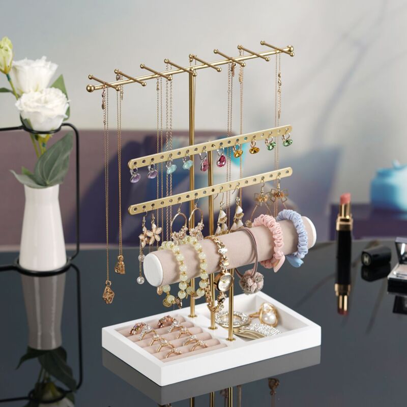 Fenghome Présentoir à Bijoux Multicouche Blanc – Support Élégant Bois & Métal Pour Colliers, Boucles D’Oreilles, Bagues, Bracelets & Montres
