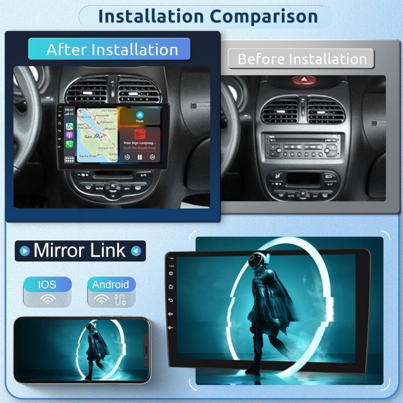 Autoradio Android 13 9" 2DIN Sans Fil CarPlay Pour Peugeot 206 / Citroën C2 – GPS, WiFi, Bluetooth, Caméra