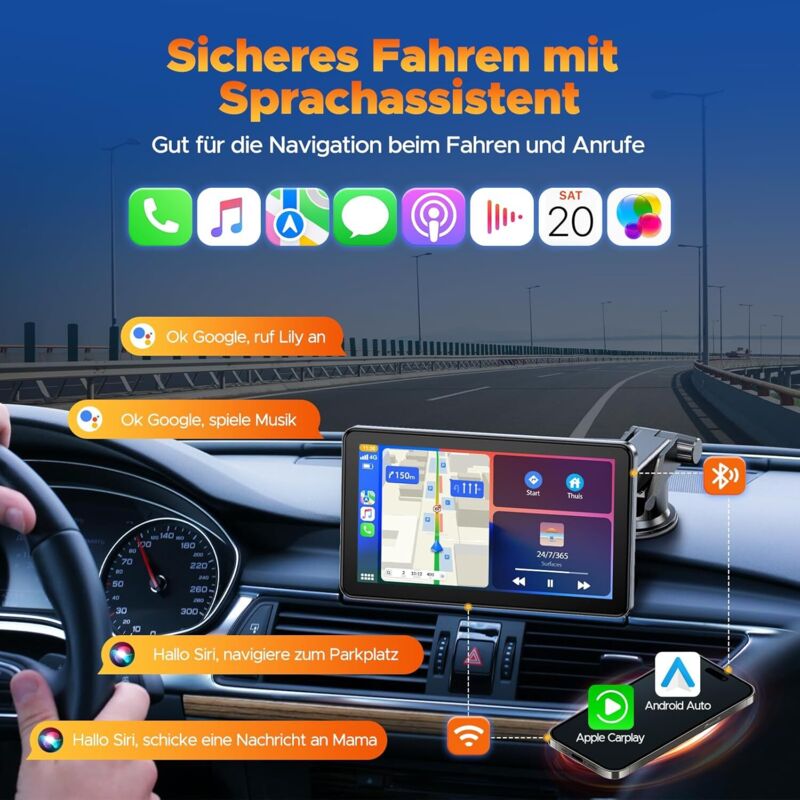 Motorsi Écran CarPlay Voiture Sans Fil Android Auto, Écran Tactile De 10,26 Pouces Voiture Stéréo, Autoradio Portable Avec Navigation GPS Bluetooth Contrôle Vocal Mirror Link AUX/FM CarPlay Voiture