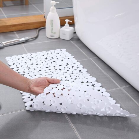Tapis de douche antidérapant en galets – Ventouses pour fixation solide – Antibactérien et antifongique – 88 x 40 cm – Blanc