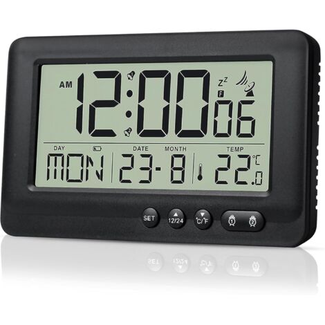 Réveil numérique radio-piloté avec rétroéclairage LED – 2 alarmes – Thermo-hygromètre – Commande automatique – Noir