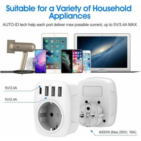 Prise de voyage universelle 5 en 1 MostEssential - Prise mondiale - 2 USB-C et 2 USB-A