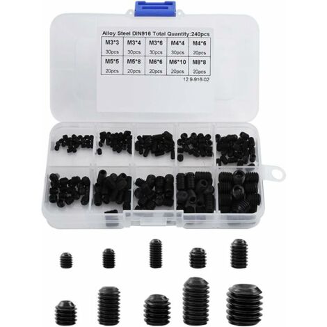 Lot de 240 pcs M3-M8 en acier allié noir tête hexagonale vis écrous noyaux filetés tasse Point Machine assortiment Kits ciseaux (1/5)
