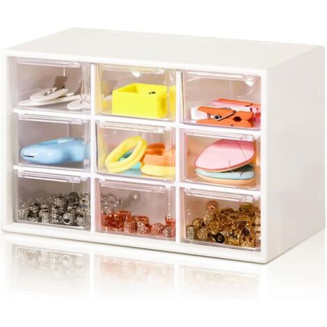 Boîtes de Rangement à Tiroirs, RISVOWO Tour de Rangement Plastique avec 9 Tiroir, Blanc & Transparent Organiseur Bureau, Casier Rangement Tiroir pour Maquillage, Bijoux, Fournitures de Bureau, Stylos (1/5)