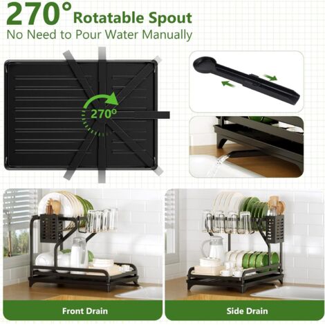 Stanew Égouttoir à Vaisselle, Égouttoir Vaisselle Avec Porte-Ustensiles Et Porte-Gobelets,Support Pour Planche à Découper,Noir Séchoir à Vaisselle Rangement Vaisselle Avec Vidange Automatique
