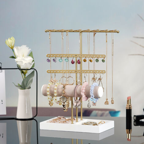 Présentoir à Bijoux Métal Et Bois - Porte Colliers, Boucles D'Oreilles, Bracelets, Rangement Clair