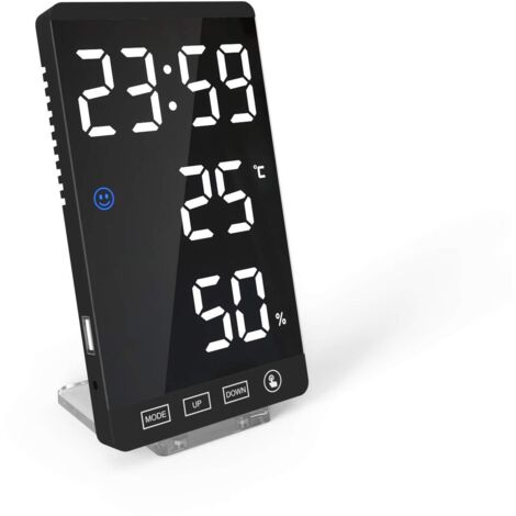 Smart Mirror Horloge LED Chargeur de téléphone décoratif Réveil Horloge numérique à 4 Niveaux de luminosité avec Affichage de la température météorologique - Coque Noire et Blanc numérique (1/5)