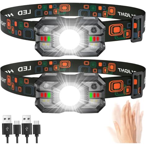 Lot de 2 lampes frontales LED rechargeables, super lumineuses de 2000 lm, autonomie de 20 heures, 5 modes, lampe frontale réglable avec détecteur de mouvement, phare étanche avec lumière rouge pour le (1/5)