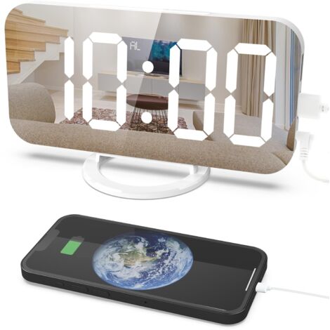Plumeet Facile à régler, Grand Réveil Numérique LCD Alarme Horloge Fonction Snooze, avec Veilleuse, Alarme Progressive, Cadeau pour Enfants (Blanc